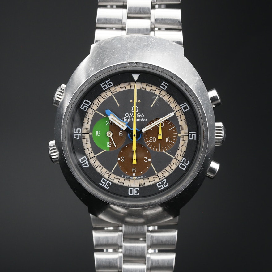 1969 Omega Flightmaster Chronograph Stainless Steel Stem Wind Wristwatch