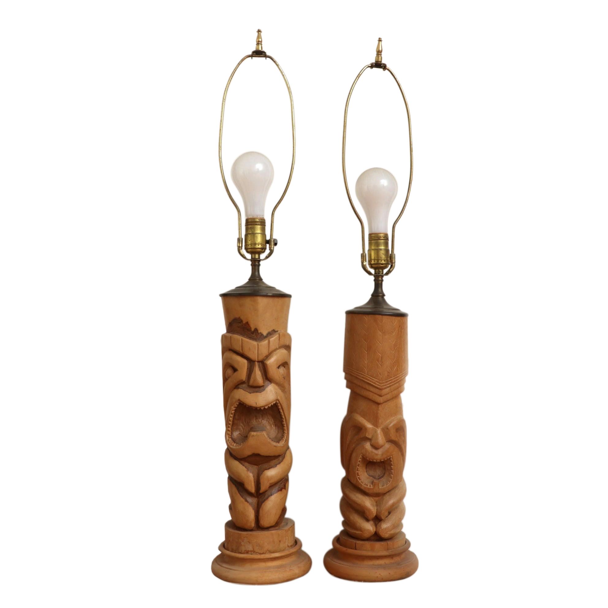 Carved Wood Tiki Face Table Lamps, Mid-20th Century