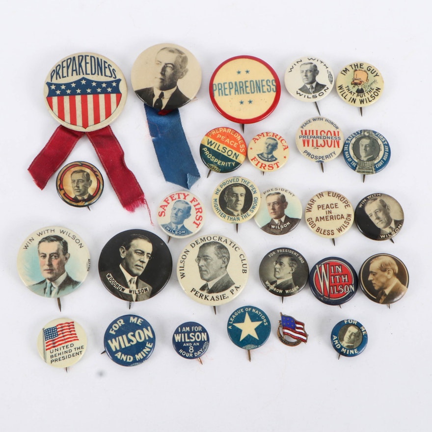 Woodrow Wilson Campaign Pinbacks and Enamel Pin, Early 20th Century