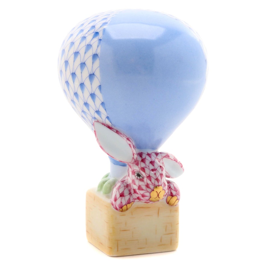 Herend Blue Fishnet with Gold "Hot Air Balloon Bunny" Porcelain Figurine