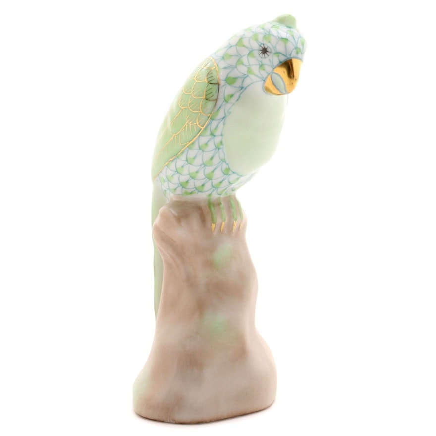 Herend Key Lime Fishnet with Gold "Perched Parrot" Porcelain Figurine