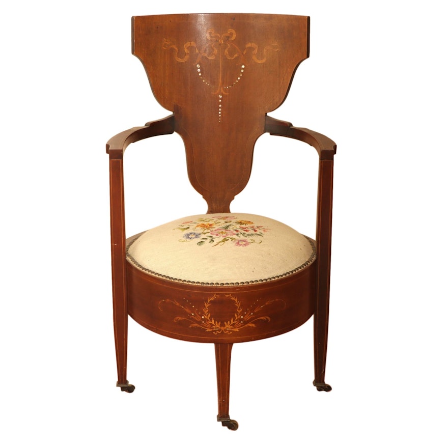 Victorian Birch and Marquetry Armchair with Needlepoint Seat, Late 19th Century