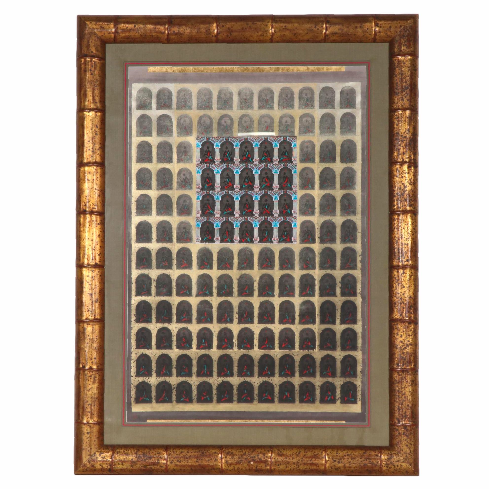 Tan Chin-Chin Oil Painting with Gold Leaf of Abstract Buddhist Figures