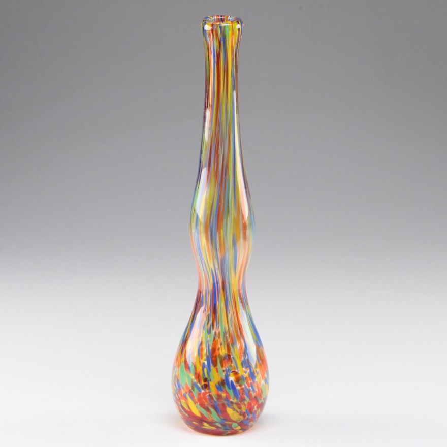 Murano Style Blown Multicolor Art Glass Elongated Vase, Late 20th Century