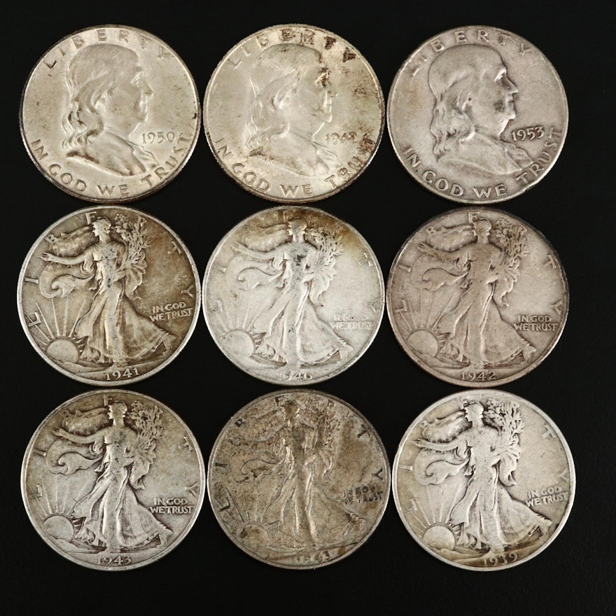 Nine Walking Liberty and Franklin Silver Half Dollars