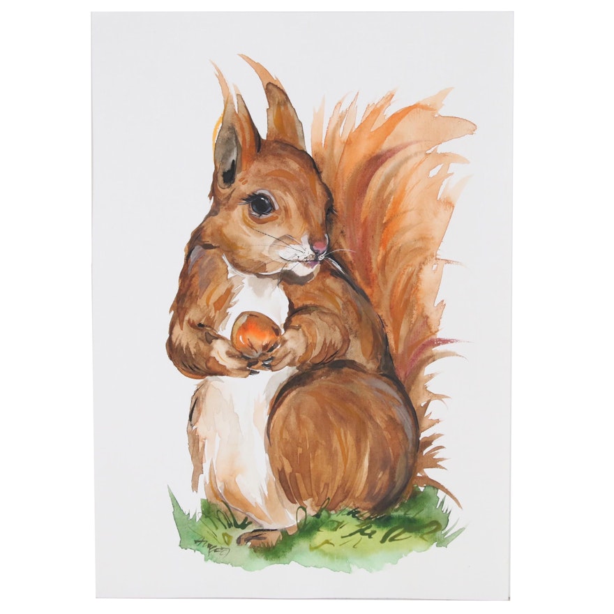 Anne Gorywine Watercolor Painting of Red Squirrel, 2020