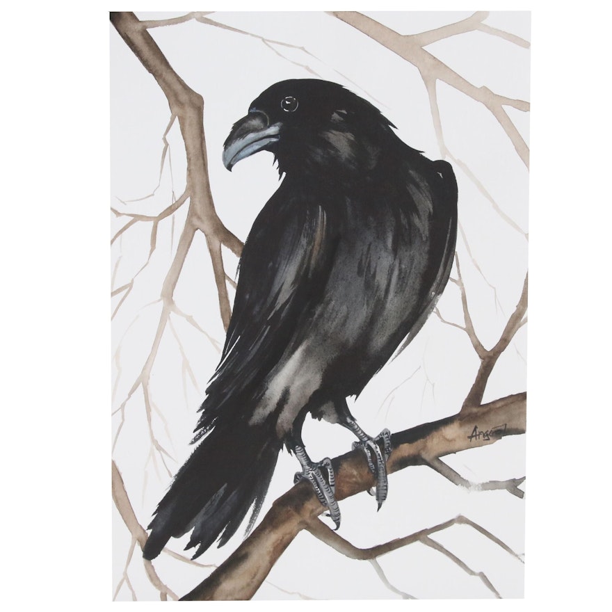 Anne Gorywine Watercolor Painting of Raven, 2020