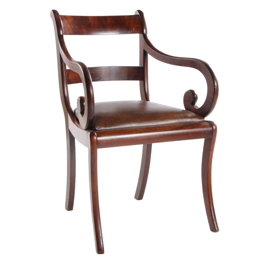 Empire Style Walnut Leather Upholstered Arm Chair