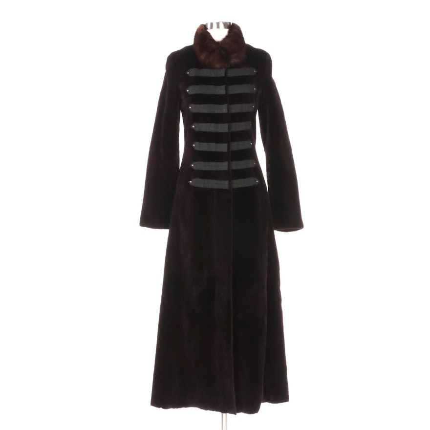 Aubergine Sheared Mink Fur Full-Length Coat with Sable Fur Collar by MR