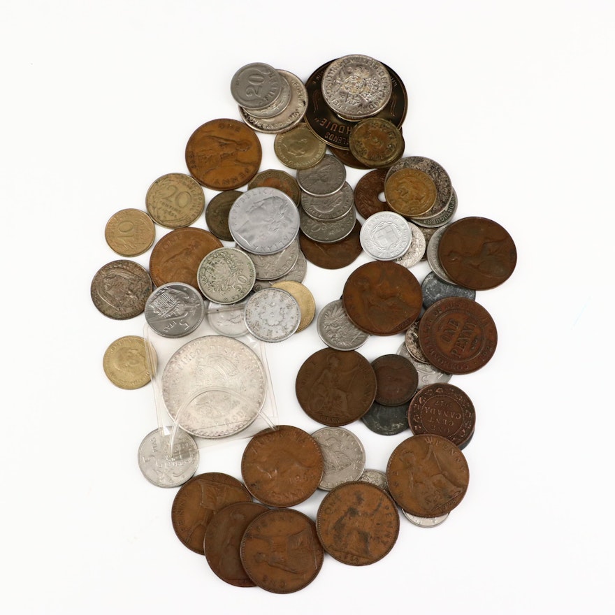 Sixty-Three Vintage Foreign Coins, Including Silver