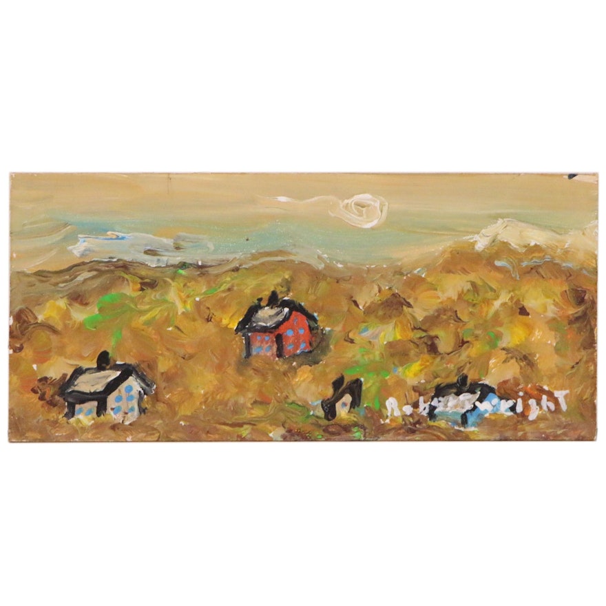 Robert Wright Folk Art Landscape Acrylic Painting, Late 20th Century