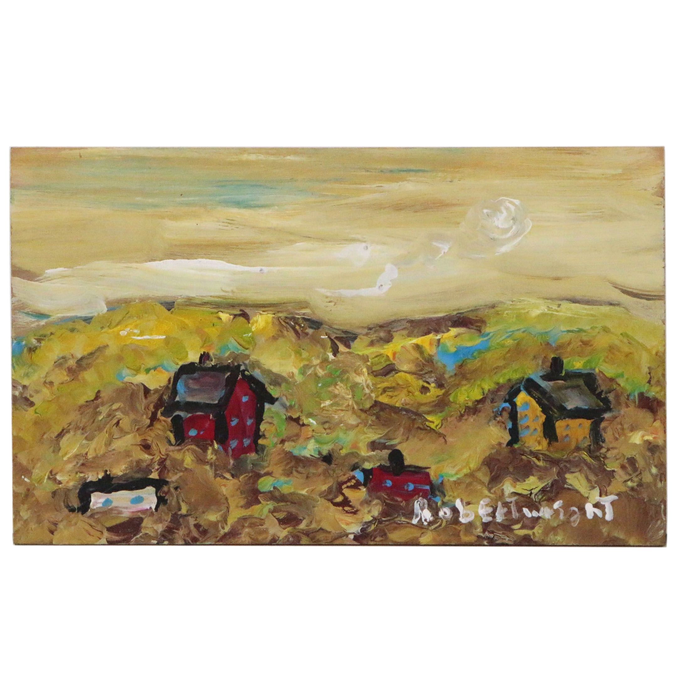 Robert Wright Folk Art Landscape Acrylic Painting, Late 20th Century