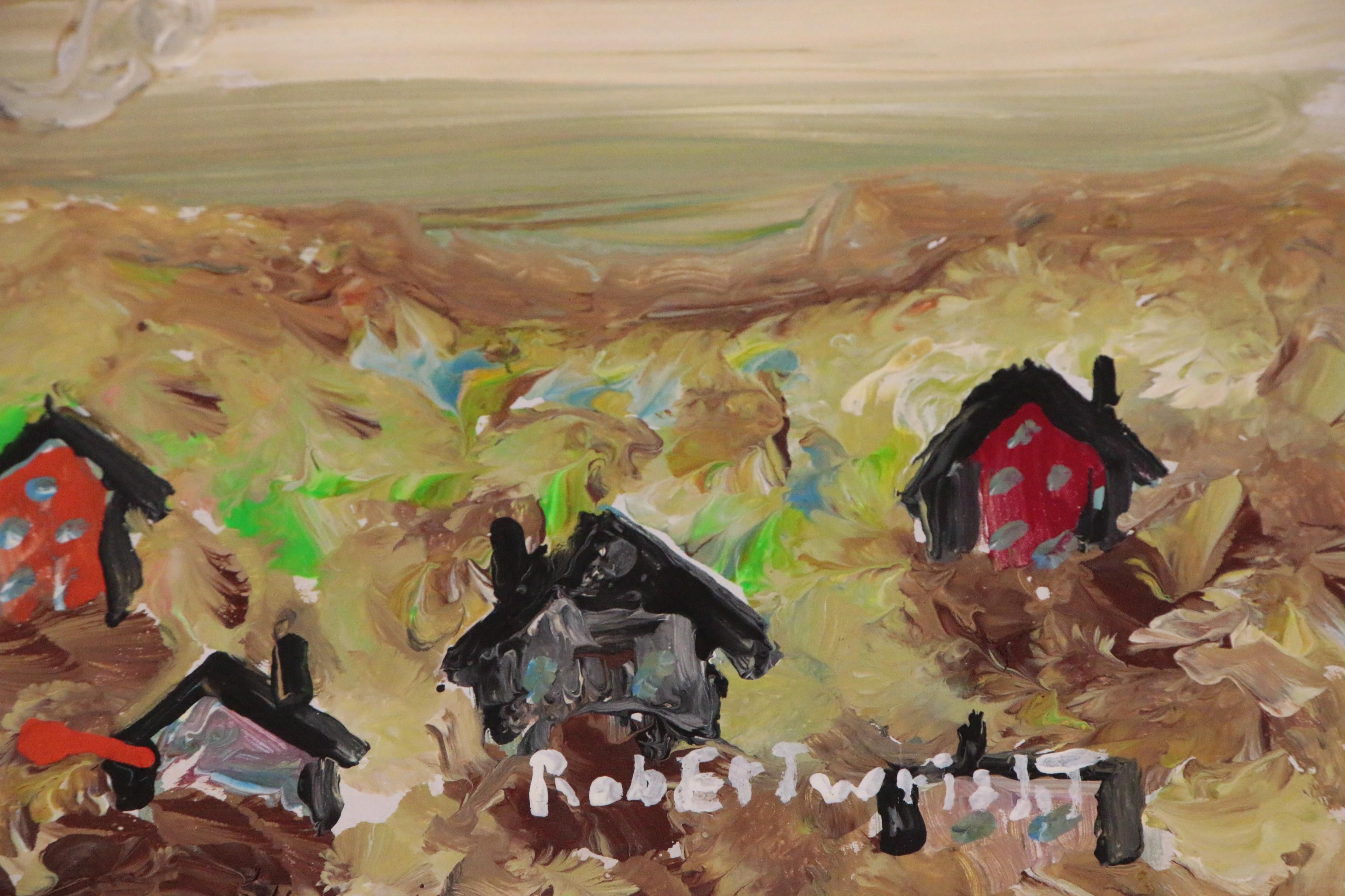 Robert Wright Folk Art Landscape Acrylic Painting, Late 20th Century