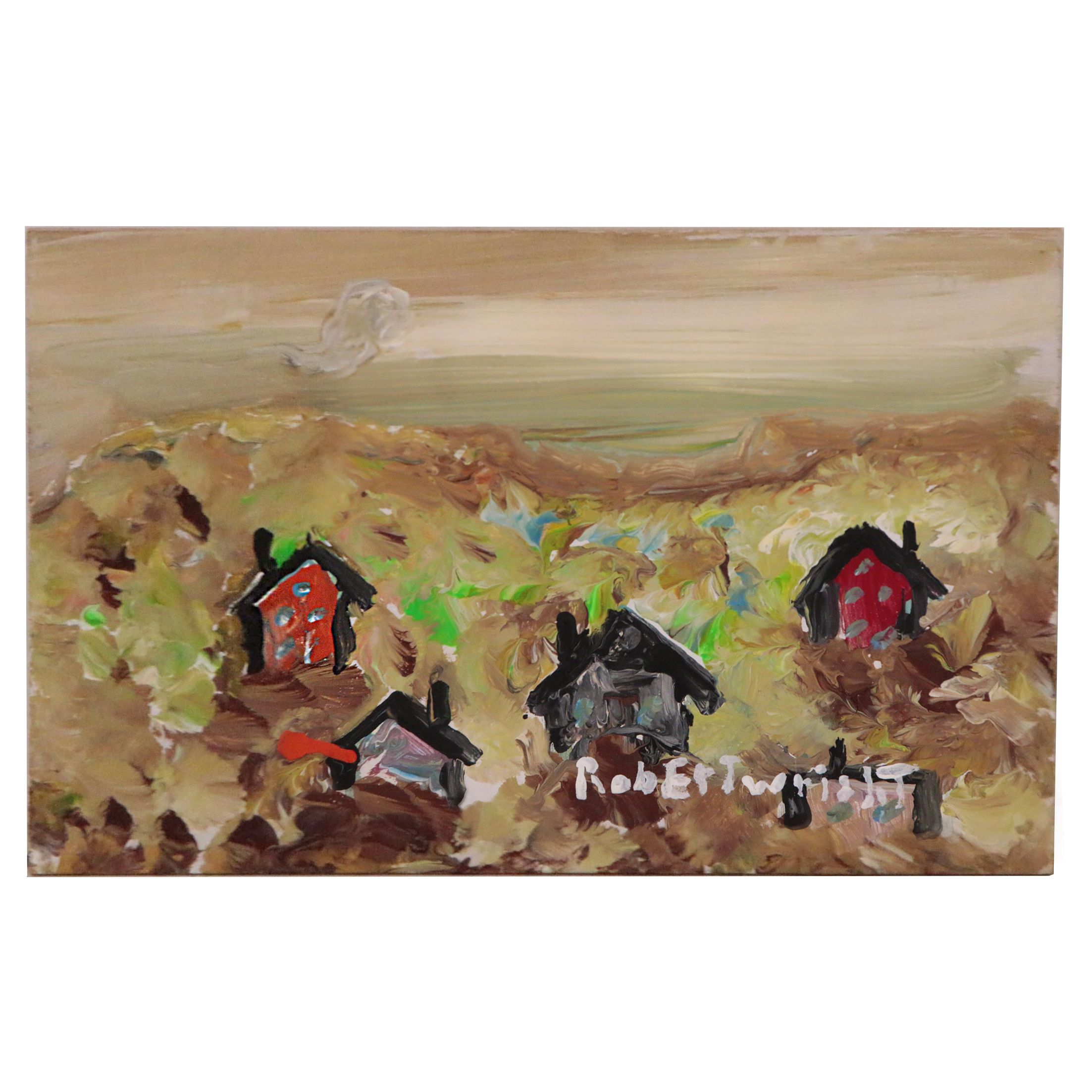 Robert Wright Folk Art Landscape Acrylic Painting, Late 20th Century
