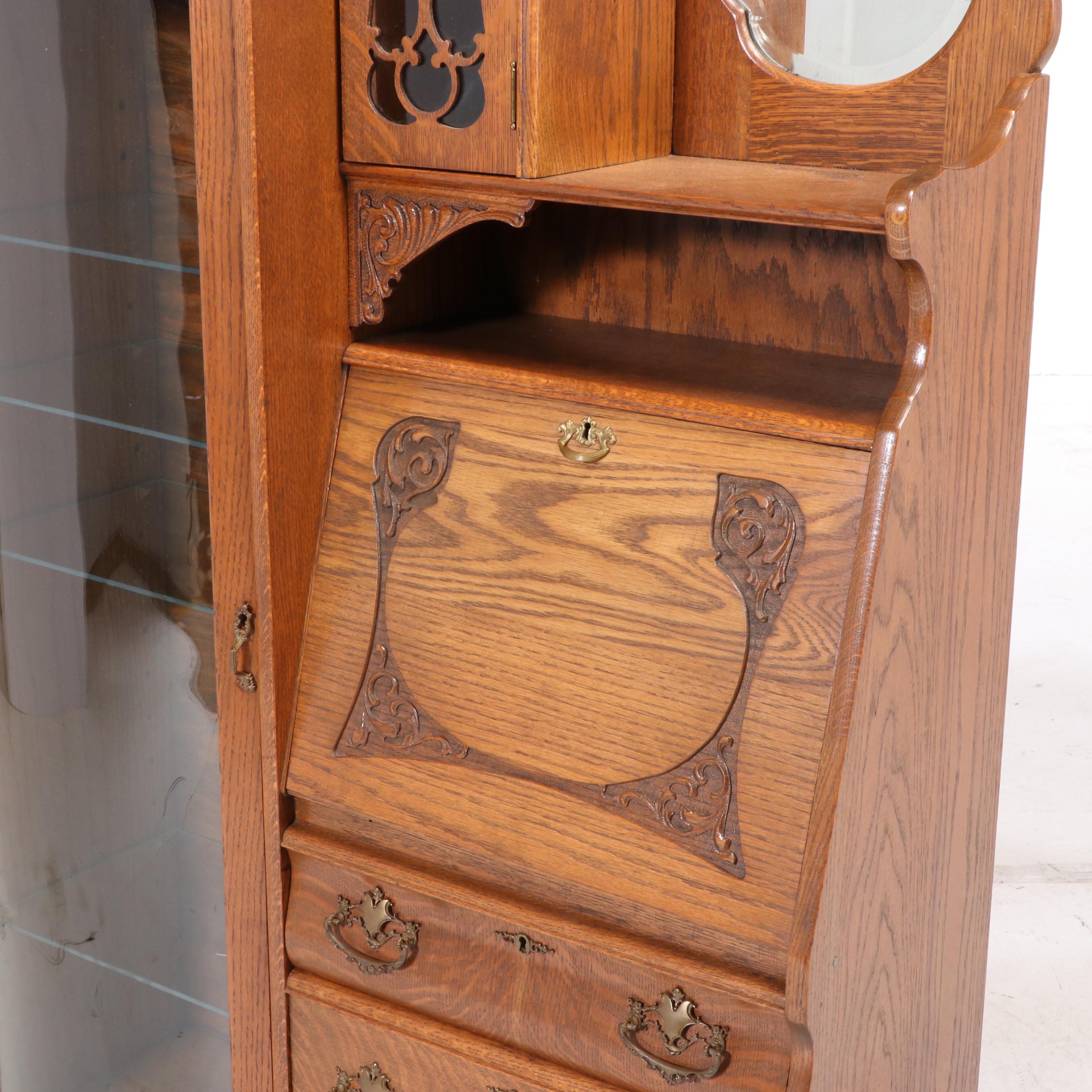 Art Nouveau Oak Side-by-Side Bookcase Secretary Desk, Early 20th Century