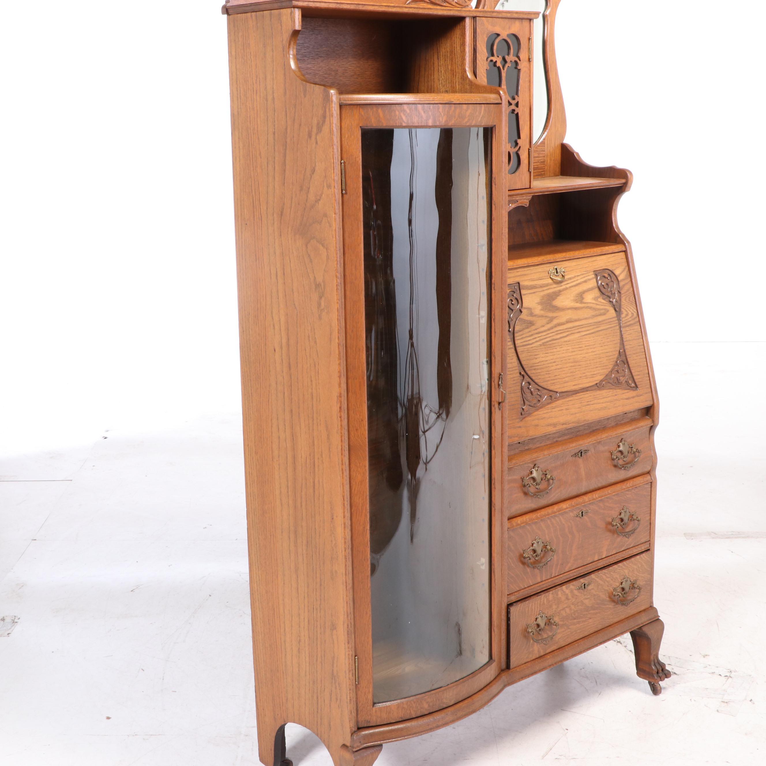 Art Nouveau Oak Side-by-Side Bookcase Secretary Desk, Early 20th Century