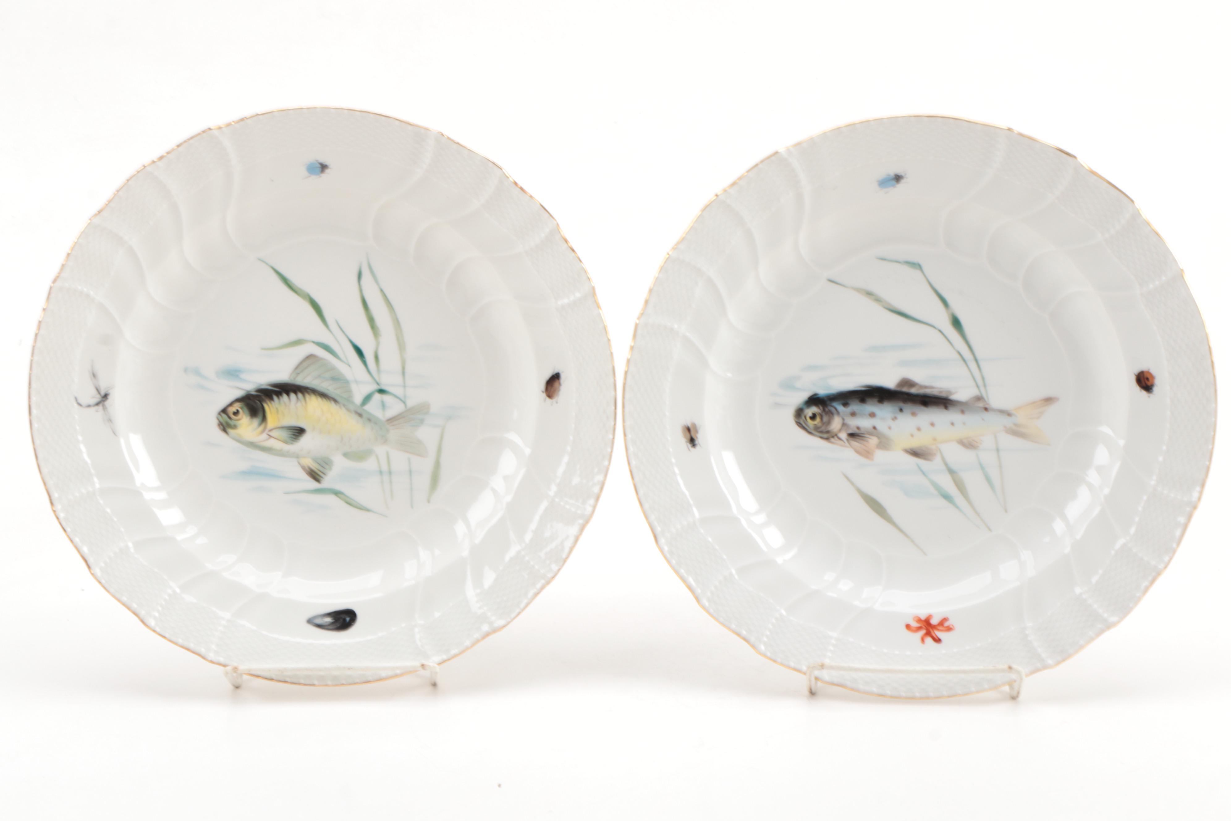 KPM Hand-Painted Porcelain Fish Dinner Plates, Early 20th Century