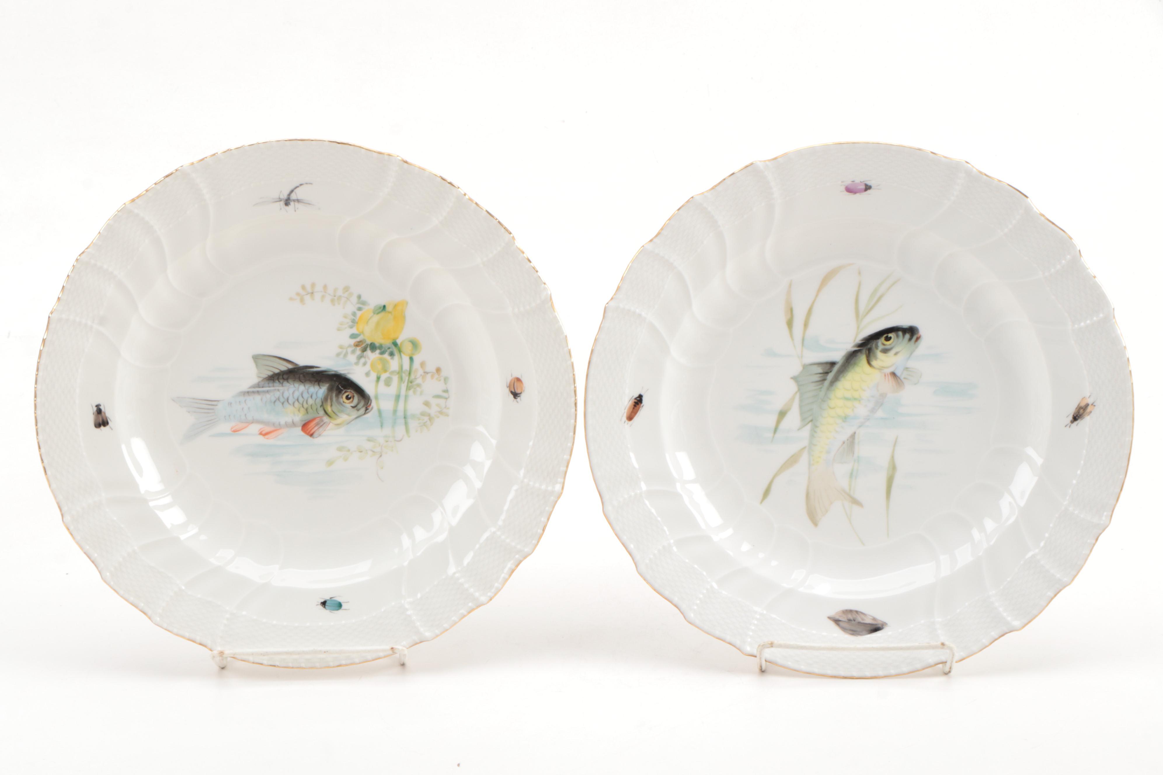 KPM Hand-Painted Porcelain Fish Dinner Plates, Early 20th Century
