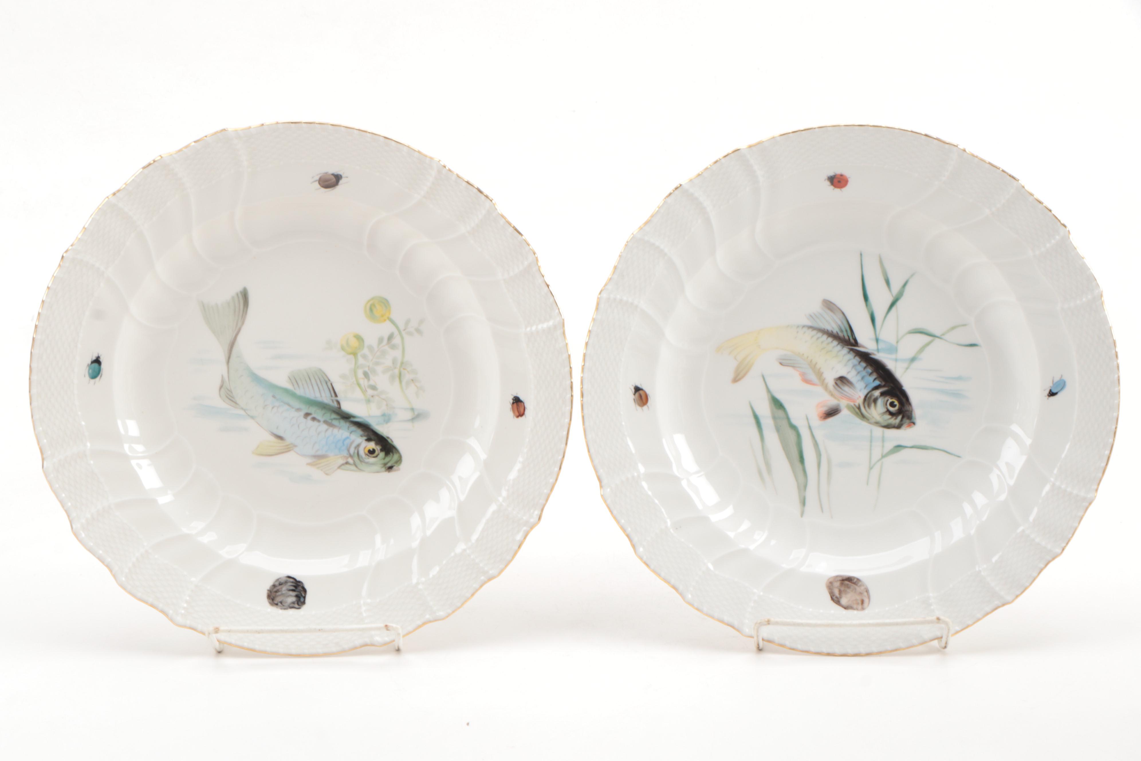 KPM Hand-Painted Porcelain Fish Dinner Plates, Early 20th Century