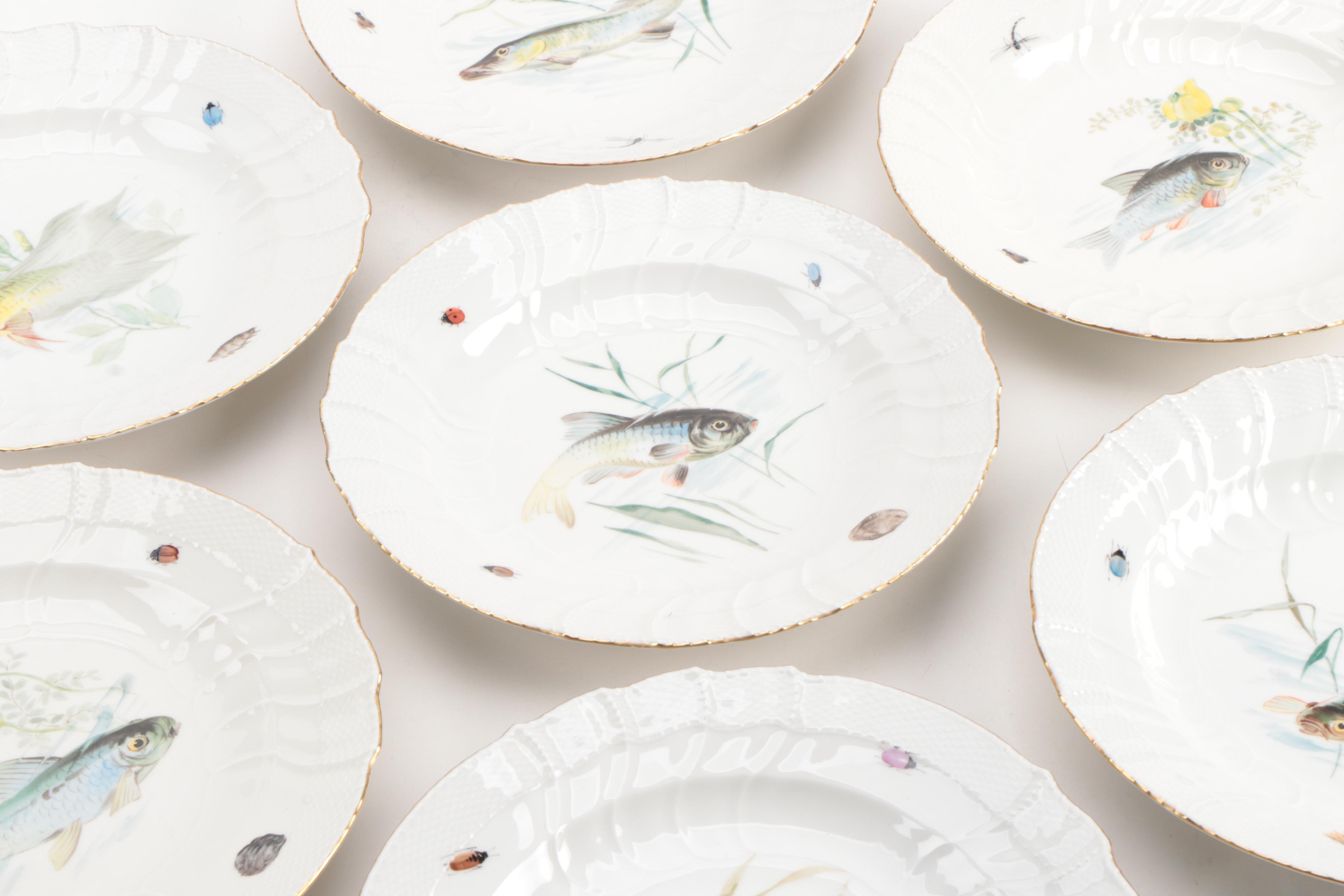 KPM Hand-Painted Porcelain Fish Dinner Plates, Early 20th Century