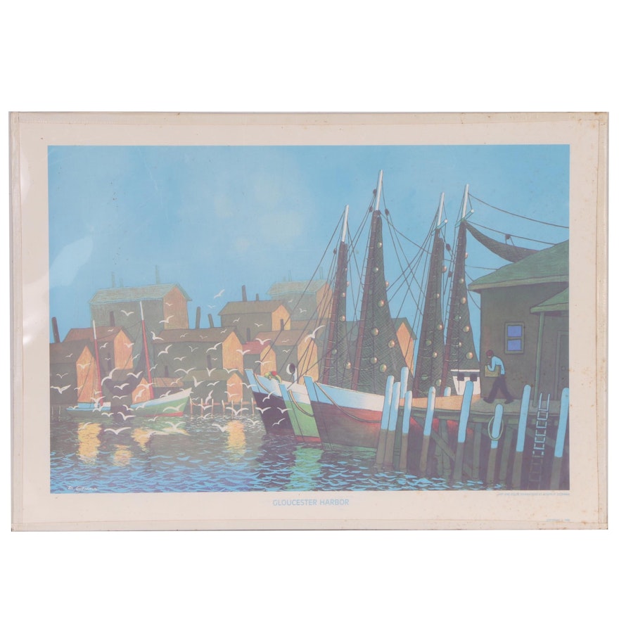 Joseph Di Gemma Lithograph "Gloucester Harbor", Late 20th Century