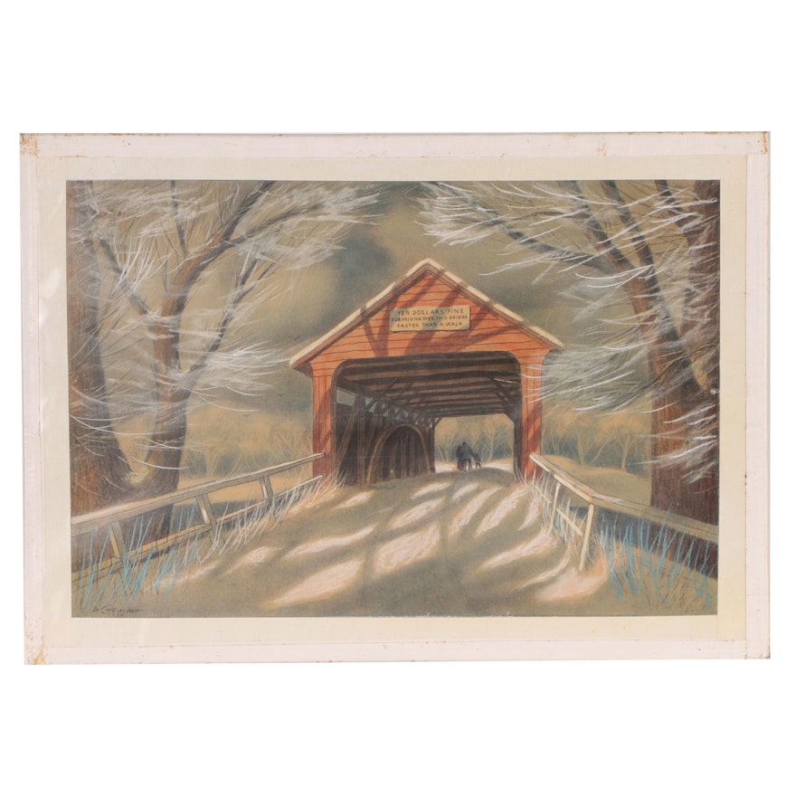 Joseph Di Gemma Embellished Lithograph "Old Covered Bridge", Late 20th Century