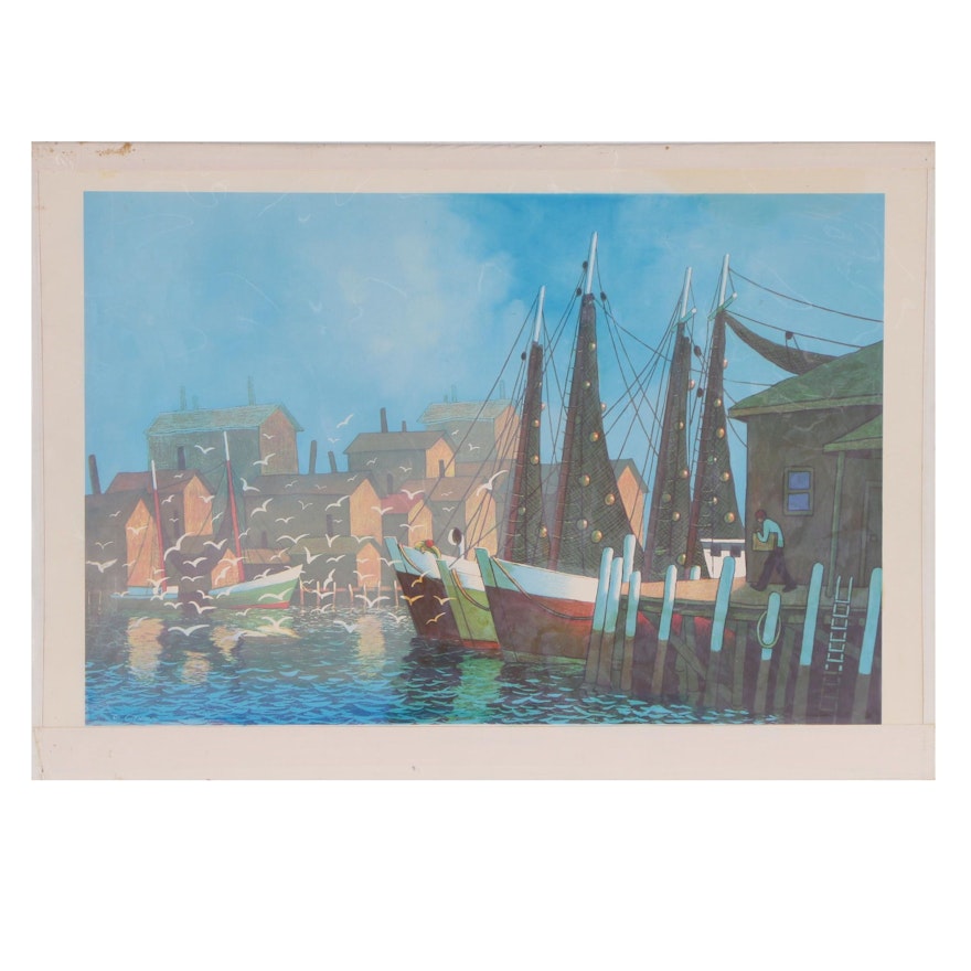 Joseph Di Gemma Lithograph "Gloucester Harbor", Late 20th Century