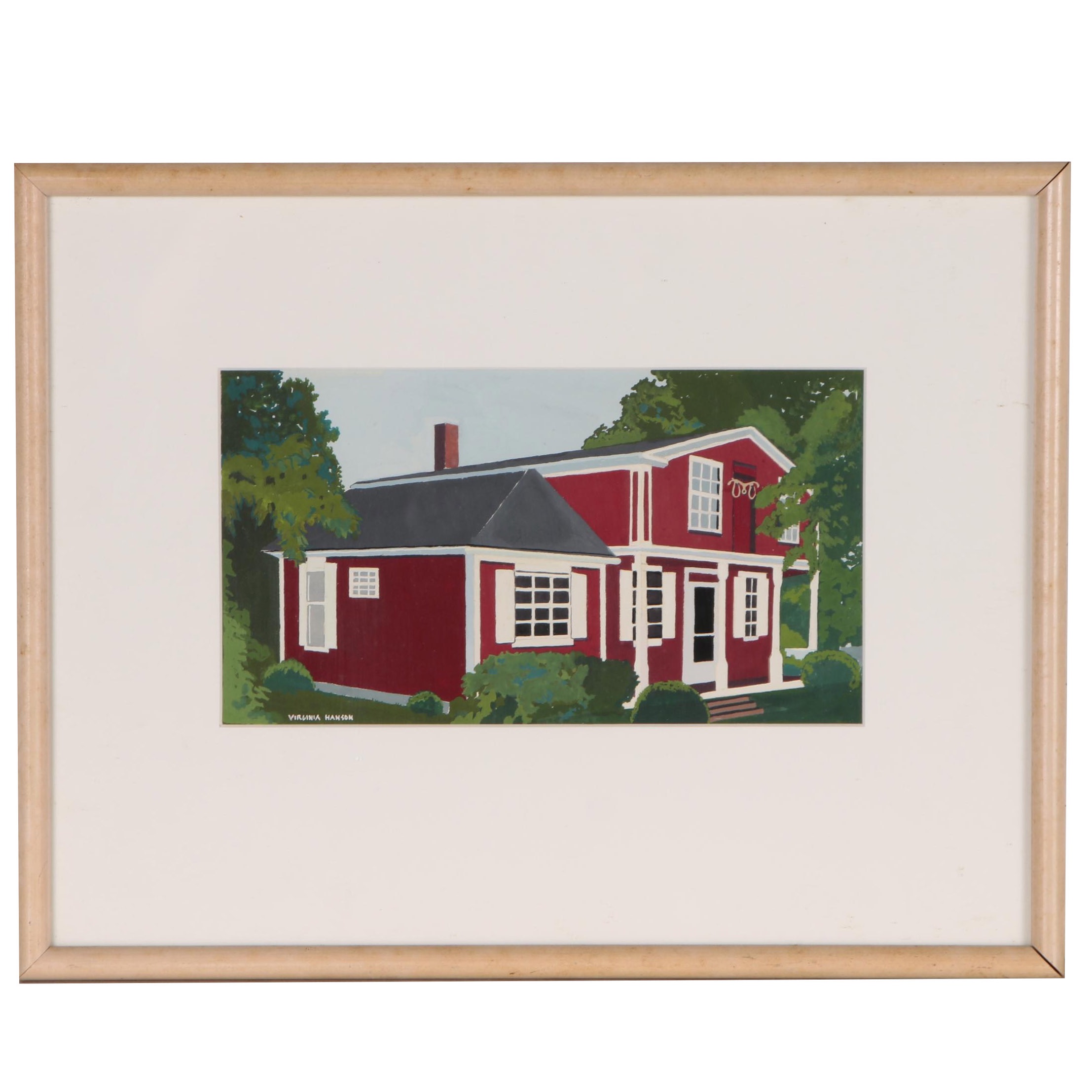 Virginia Hanson Gouache Painting of Schoolhouse, 21st Century