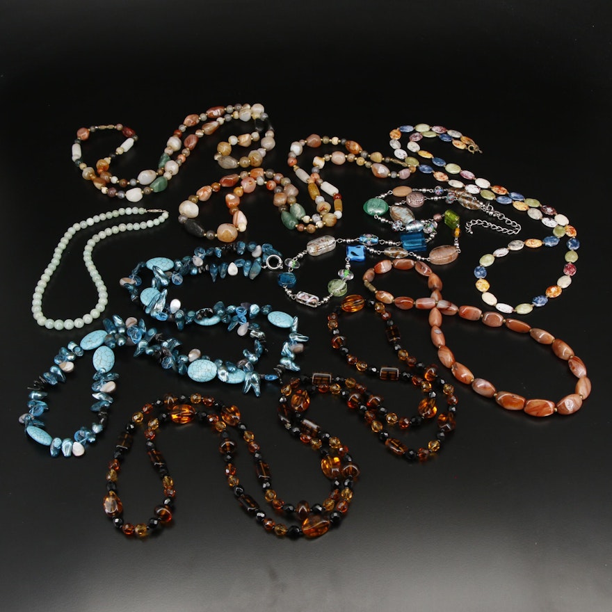 Collection of Beaded Necklaces with Agate, Howlite and Mother of Pearl