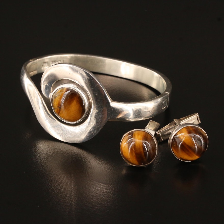 Mexican Sterling Silver Tiger's Eye Bracelet and Cufflinks Set