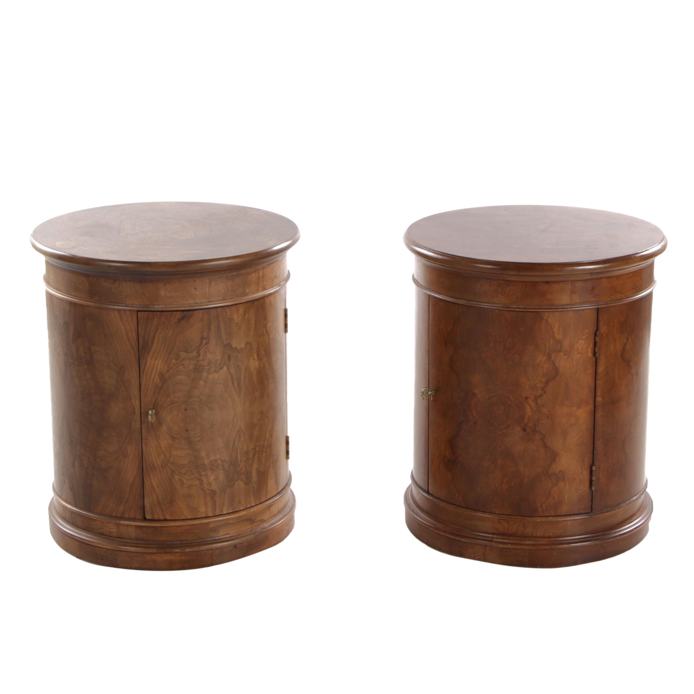Henredon Charles X Burl Wood Drum Cabinet Side Tables