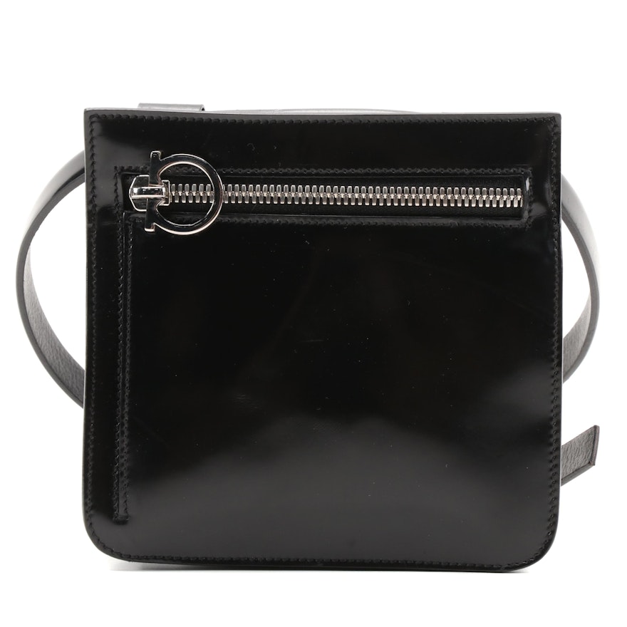 Salvatore Ferragamo Patent Leather Belt Bag in Black with Gancini Zipper Pull