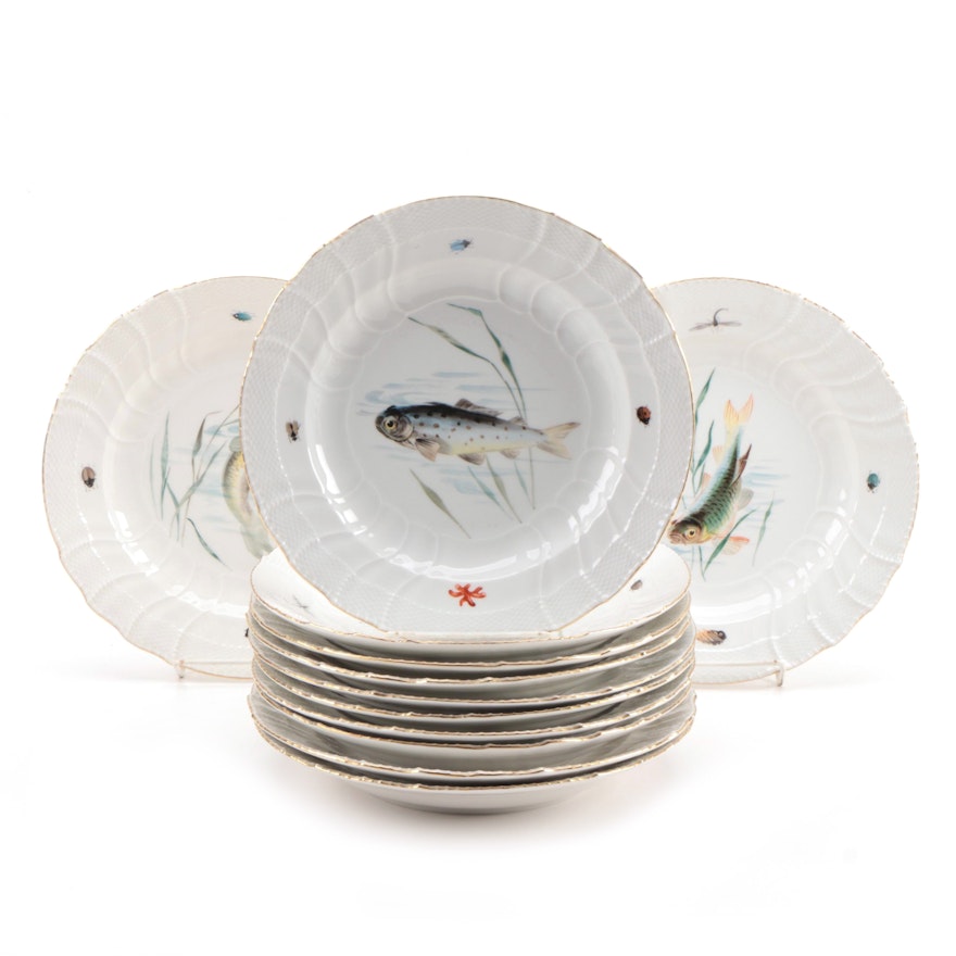 KPM Hand-Painted Porcelain Fish Dinner Plates, Early 20th Century