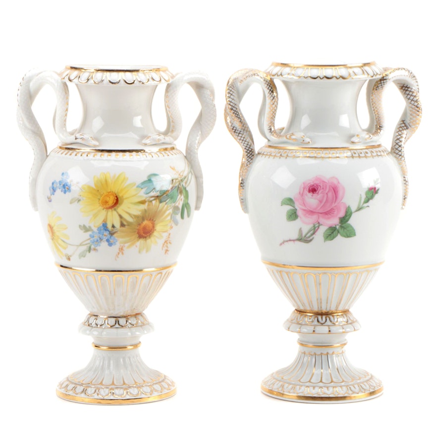 Pair of Meissen Porcelain Vases with Entwined Snake Handles