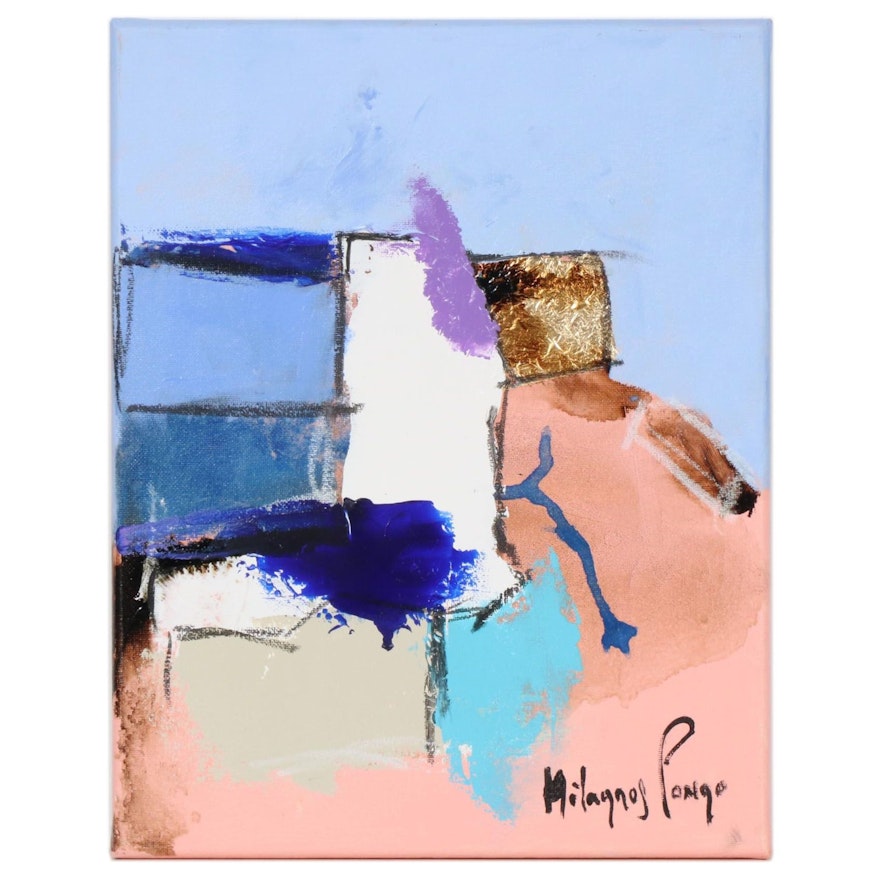 Milagros Pongo Abstract Mixed Media Painting with Gold Leaf, 21st Century