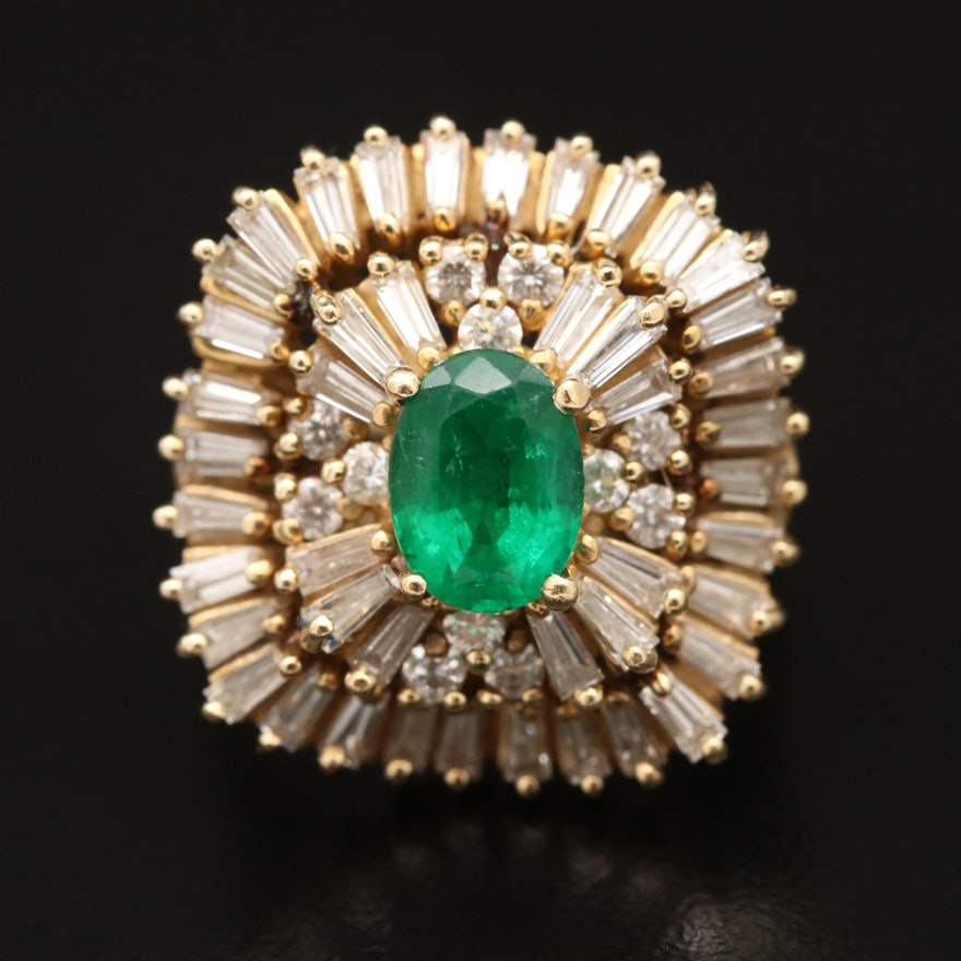 Vintage 14K 1.02 CT Emerald and 1.89 CTW Diamond Ballerina Ring