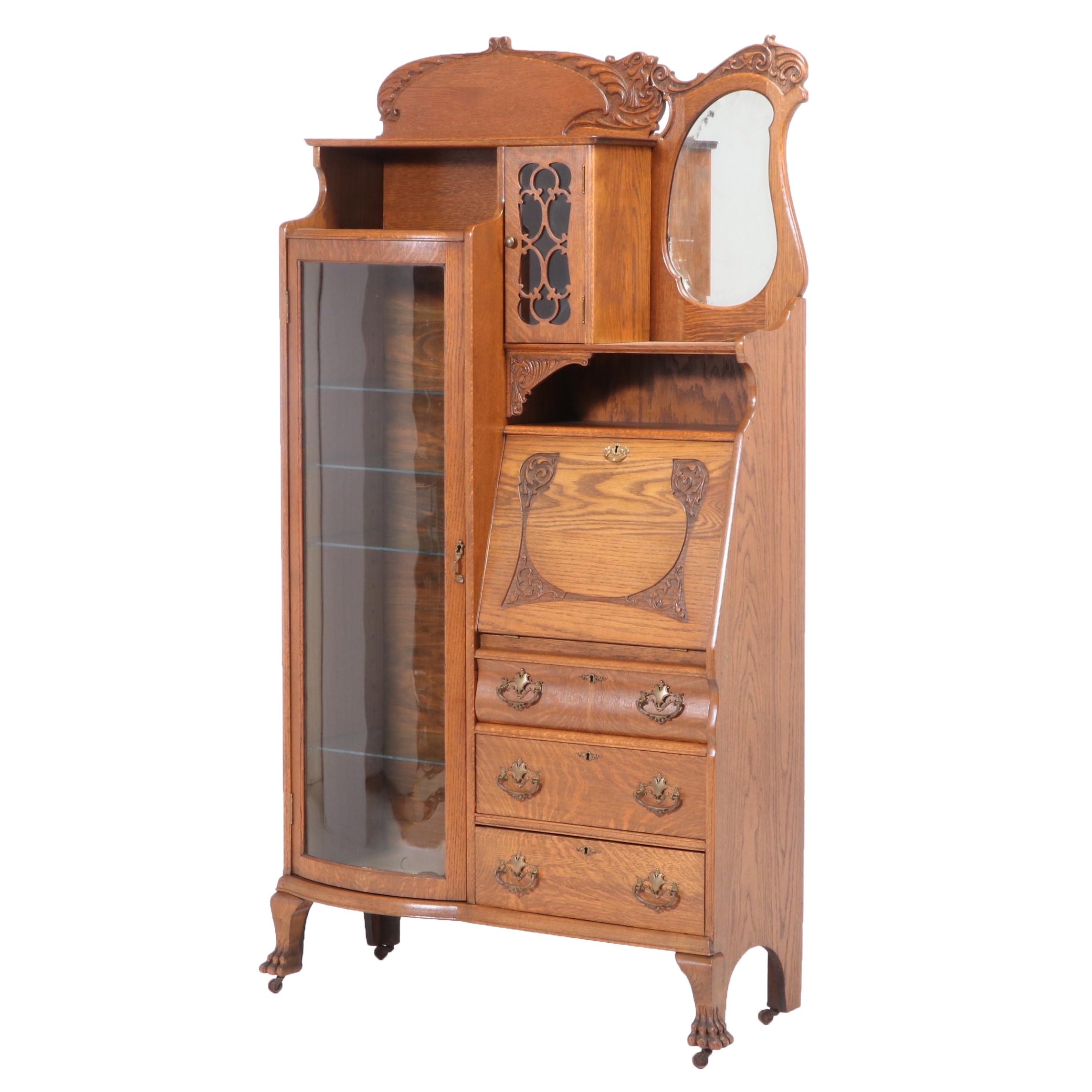 Art Nouveau Oak Side-by-Side Bookcase Secretary Desk, Early 20th Century