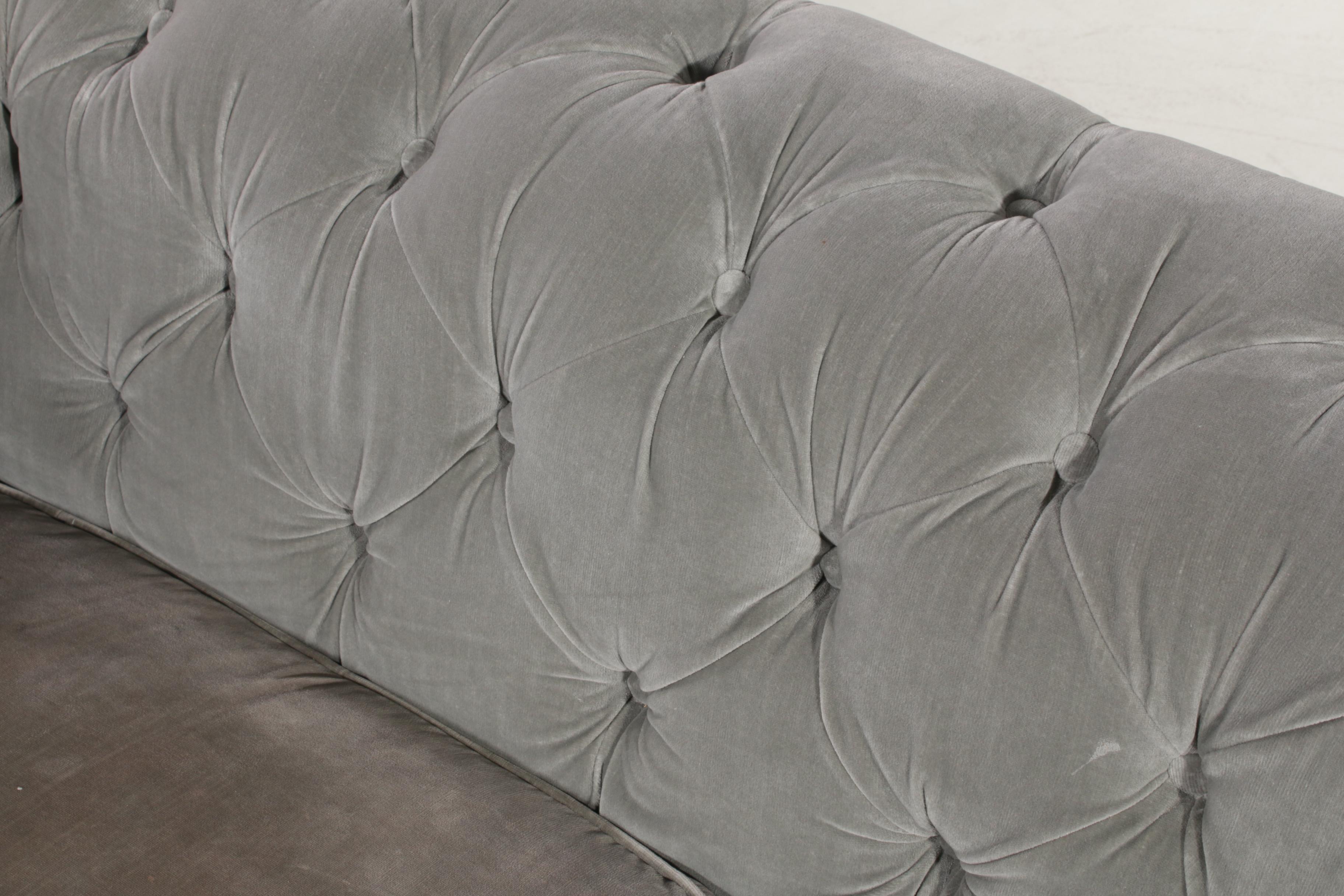 Restoration Hardware Grey Upholstered Tufted, Tuxedo-Back Loveseat Sofa