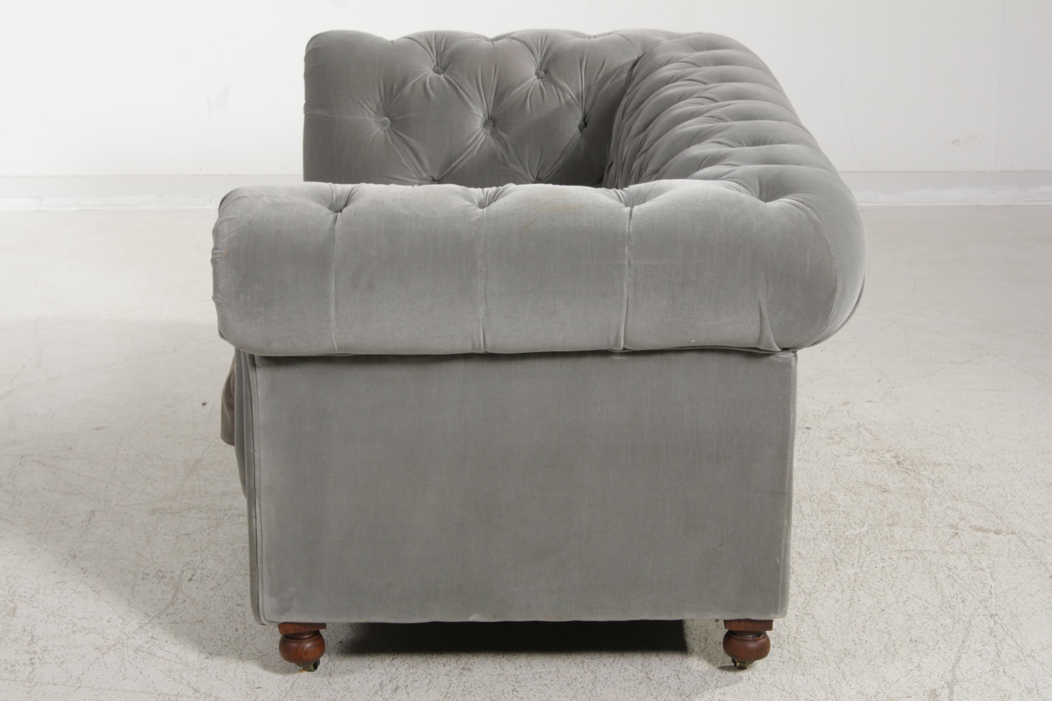 Restoration Hardware Grey Upholstered Tufted, Tuxedo-Back Loveseat Sofa