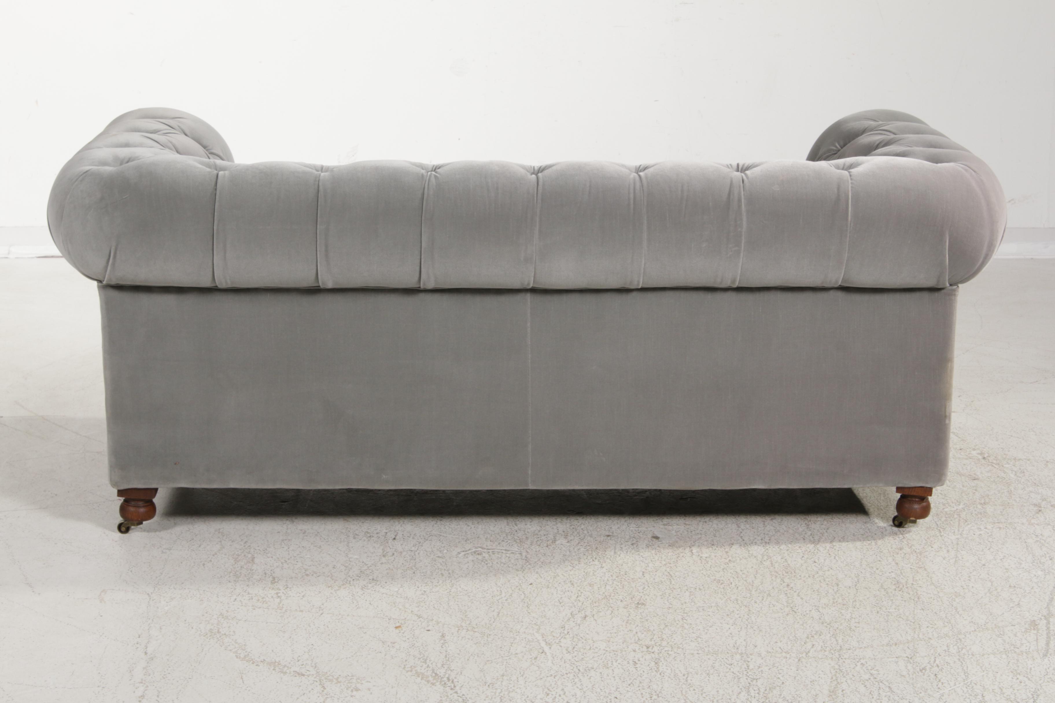 Restoration Hardware Grey Upholstered Tufted, Tuxedo-Back Loveseat Sofa