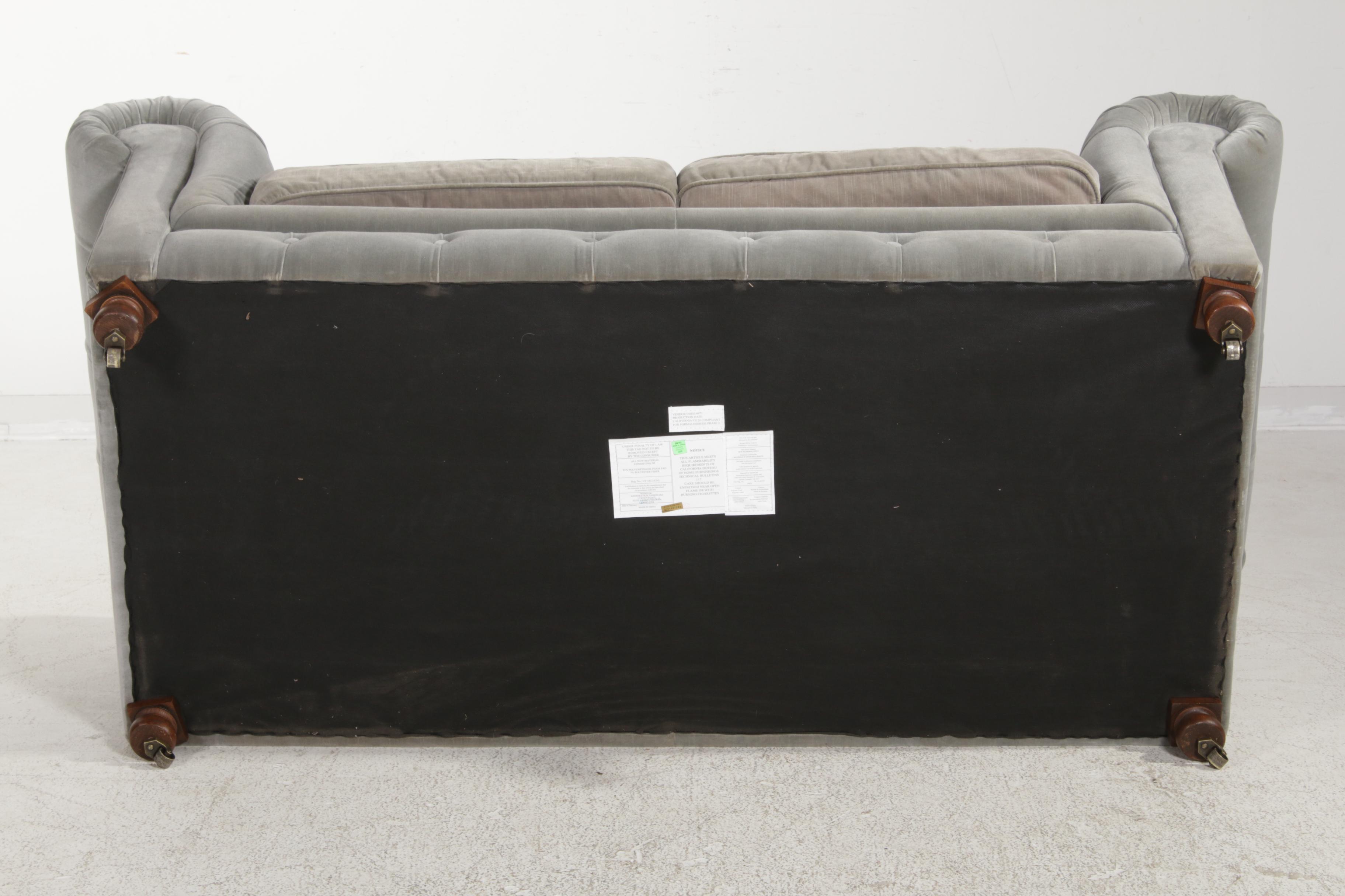 Restoration Hardware Grey Upholstered Tufted, Tuxedo-Back Loveseat Sofa