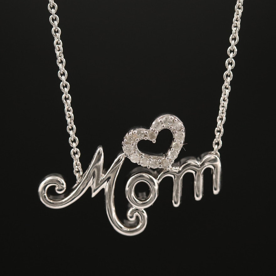 Sterling Silver "Mom" with Diamond Heart Pendant Necklace