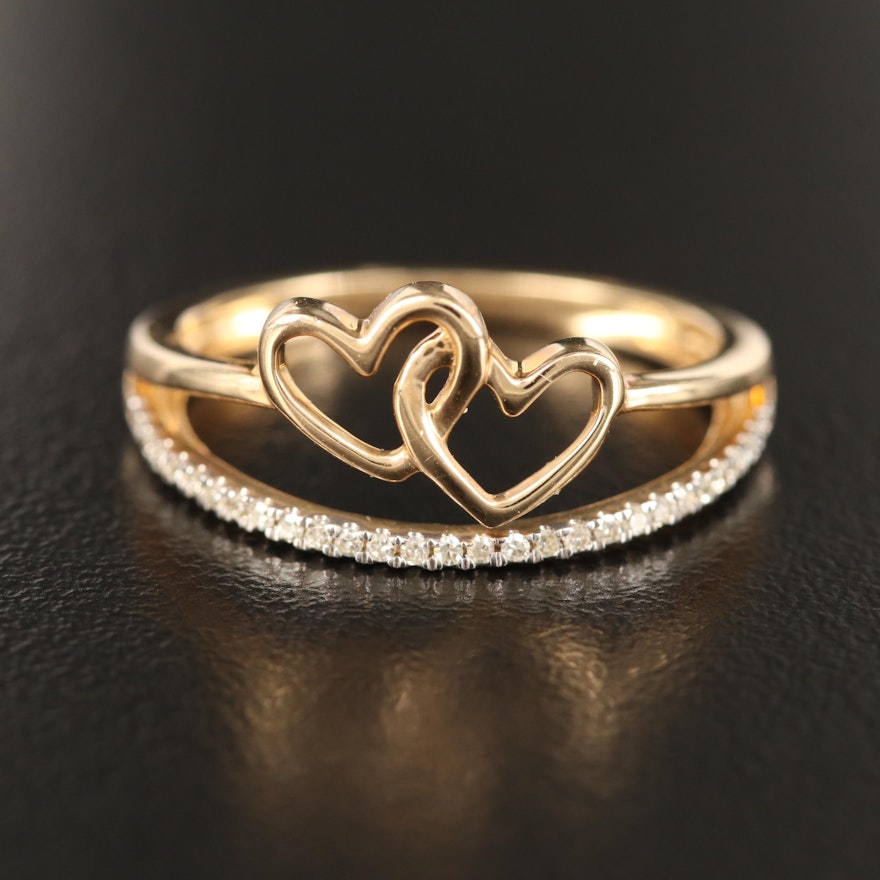 14K Diamond Ring with Interlocking Hearts