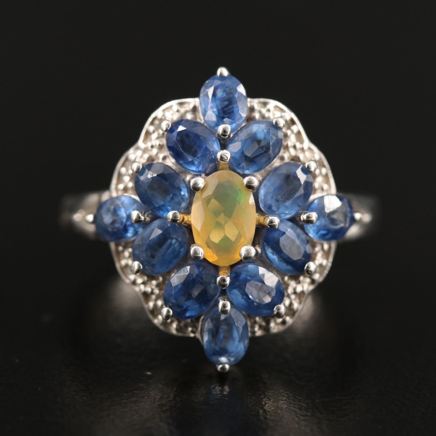 Sterling Silver, Opal and Kyanite Cluster Ring with Diamond Accents