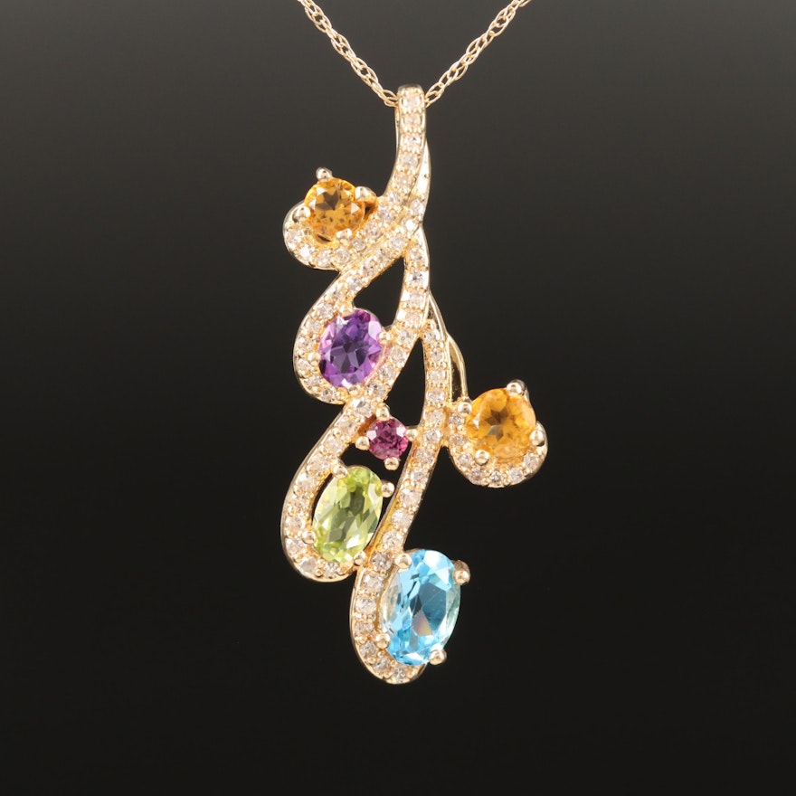 14K Citrine, Diamond and Gemstone Pendant Necklace