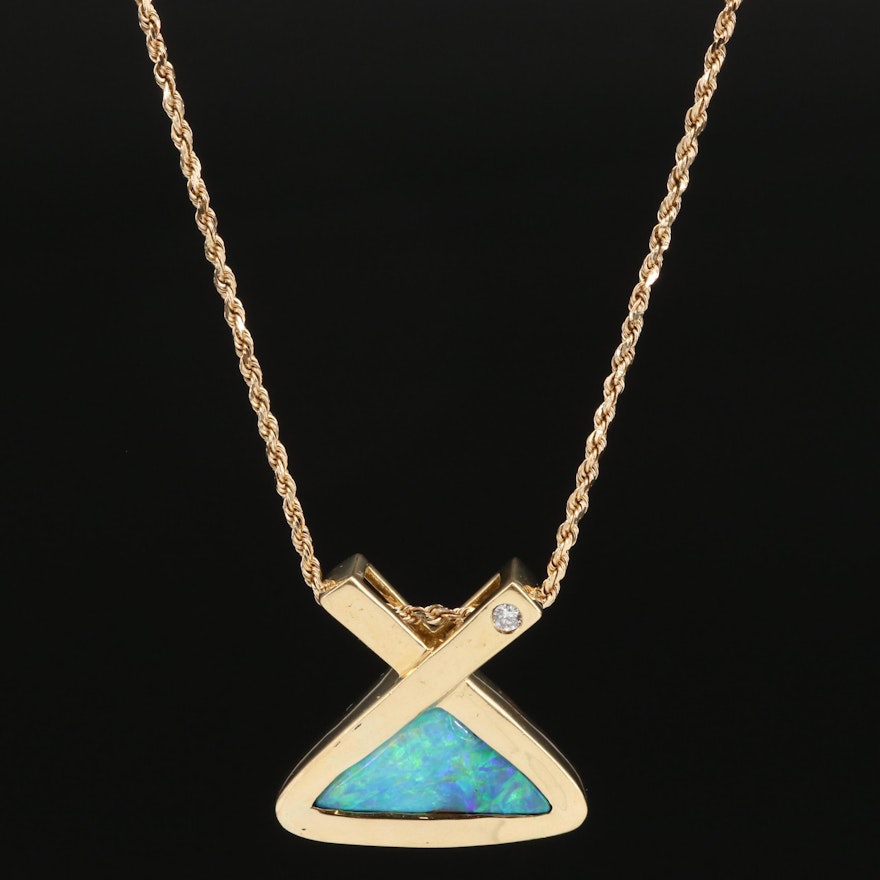 18K Boulder Opal and Diamond Pendant with 14K Chain