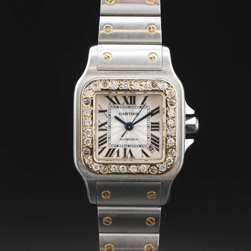 Cartier Santos Galbee 18K and Stainless Steel Diamond Bezel Automatic Wristwatch