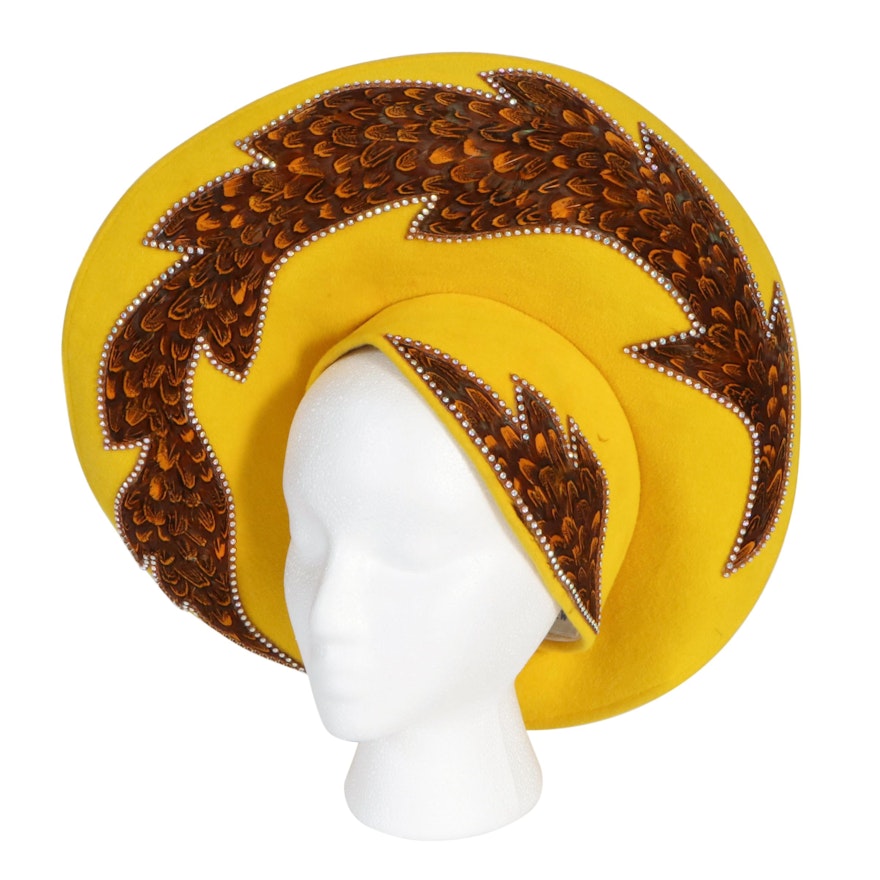 Jack McConnell Stylized Hat in Yellow with Rhinestone Embellished Feathers