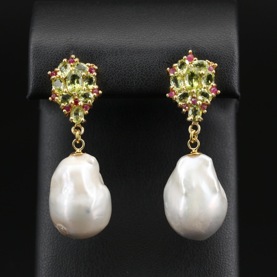 Sterling Silver Pearl Drop Earrings with Peridot and Ruby