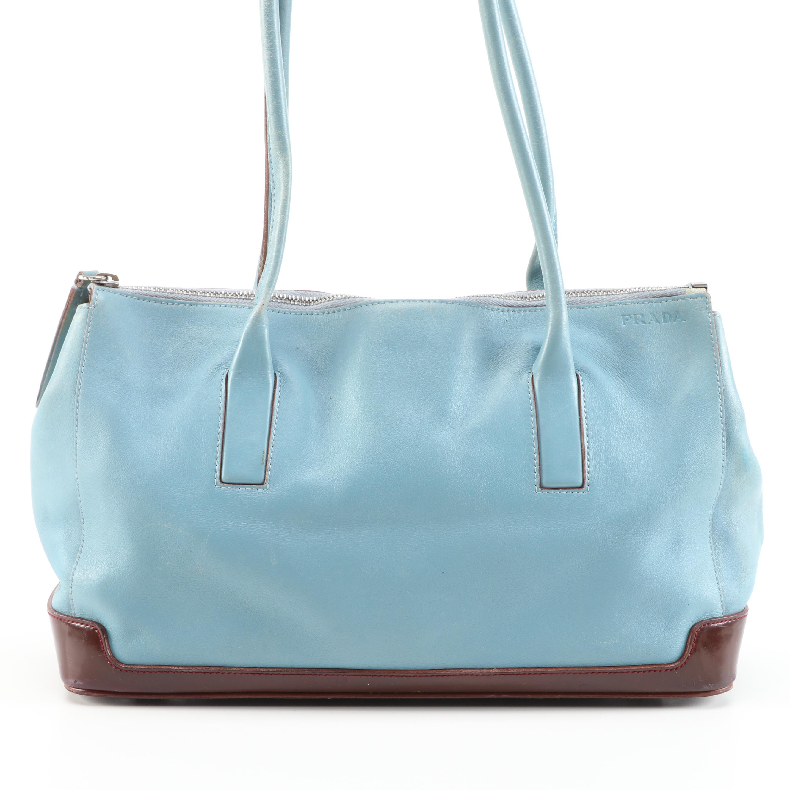 Prada Light Blue Leather Shoulder Bag Trimmed in Mahogany Glazed Leather